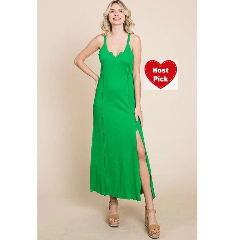 Green Maxi Dress Sleeveless Side Slit Summer Bodycon Vacation Dress